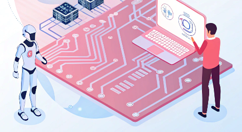Advanced AI Integration - isometric illustration showing human-AI collaboration on a circuit board platform with data processing elements