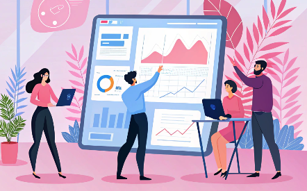Product Management team collaborating on data analytics, charts, and strategic planning with modern dashboard visualization