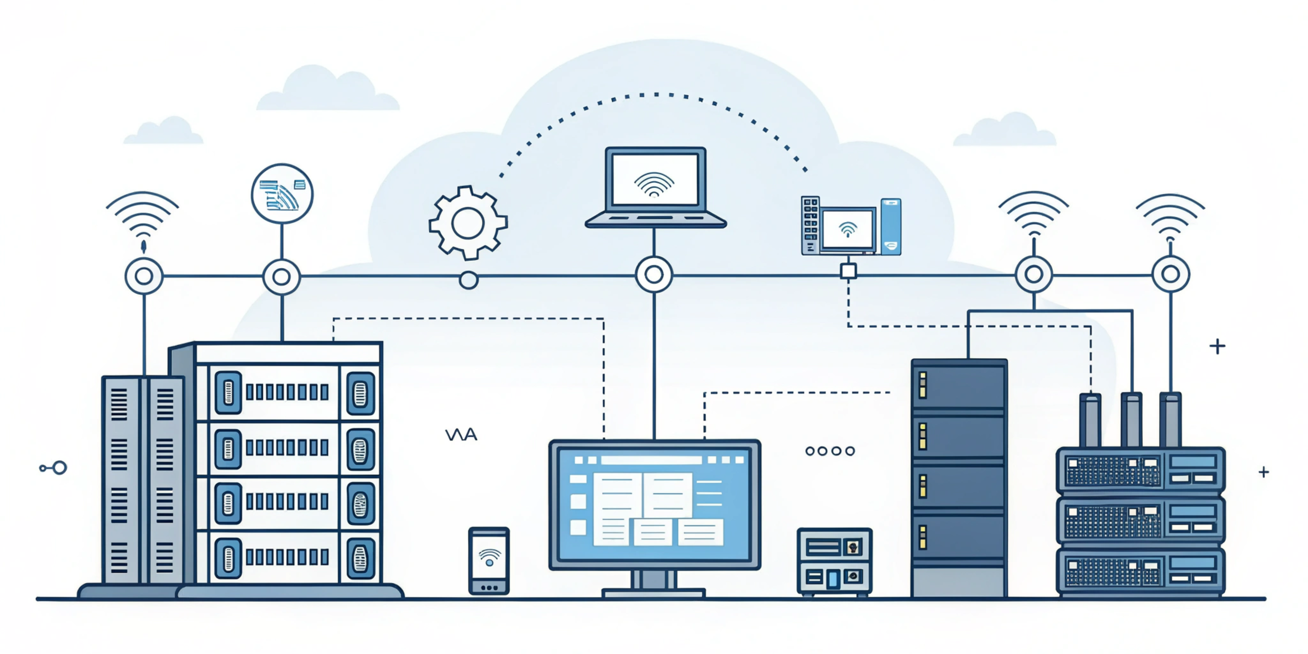 System Integration - comprehensive IT infrastructure showing servers, networking equipment, cloud connectivity, and integrated systems architecture